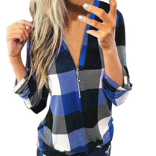 Check Printed V-Neck Long Sleeve Zip Top