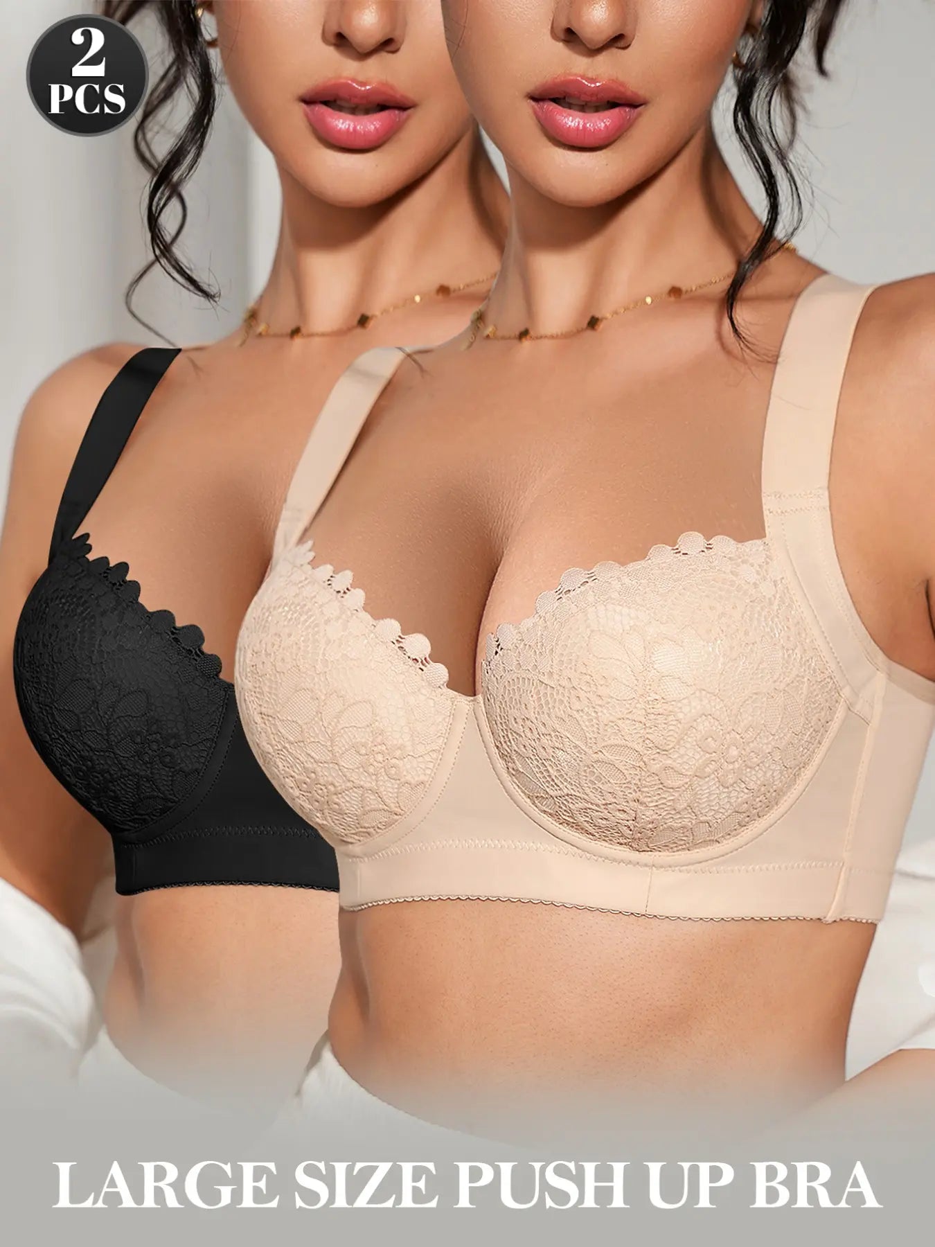 1/2/3 Pack Women's Solid Lace Push-Up Bra, Supportive Underwire & Wide Side Smoother, Adjustable Comfort Straps, Soft Breathable & Smooth Fabric, Multi-Color.