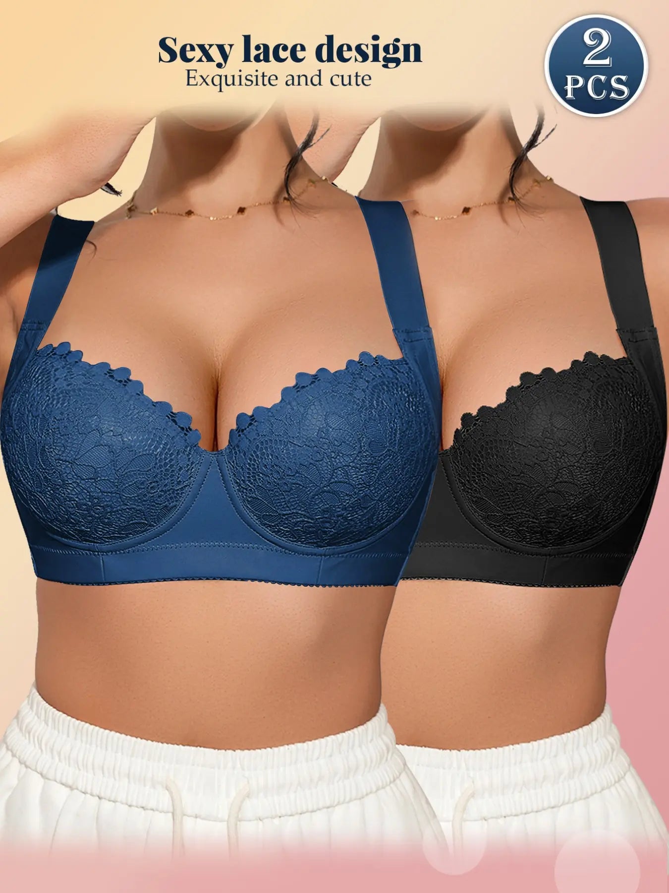 1/2/3 Pack Women's Solid Lace Push-Up Bra, Supportive Underwire & Wide Side Smoother, Adjustable Comfort Straps, Soft Breathable & Smooth Fabric, Multi-Color. - Color: Black + Blue, Size: 70B