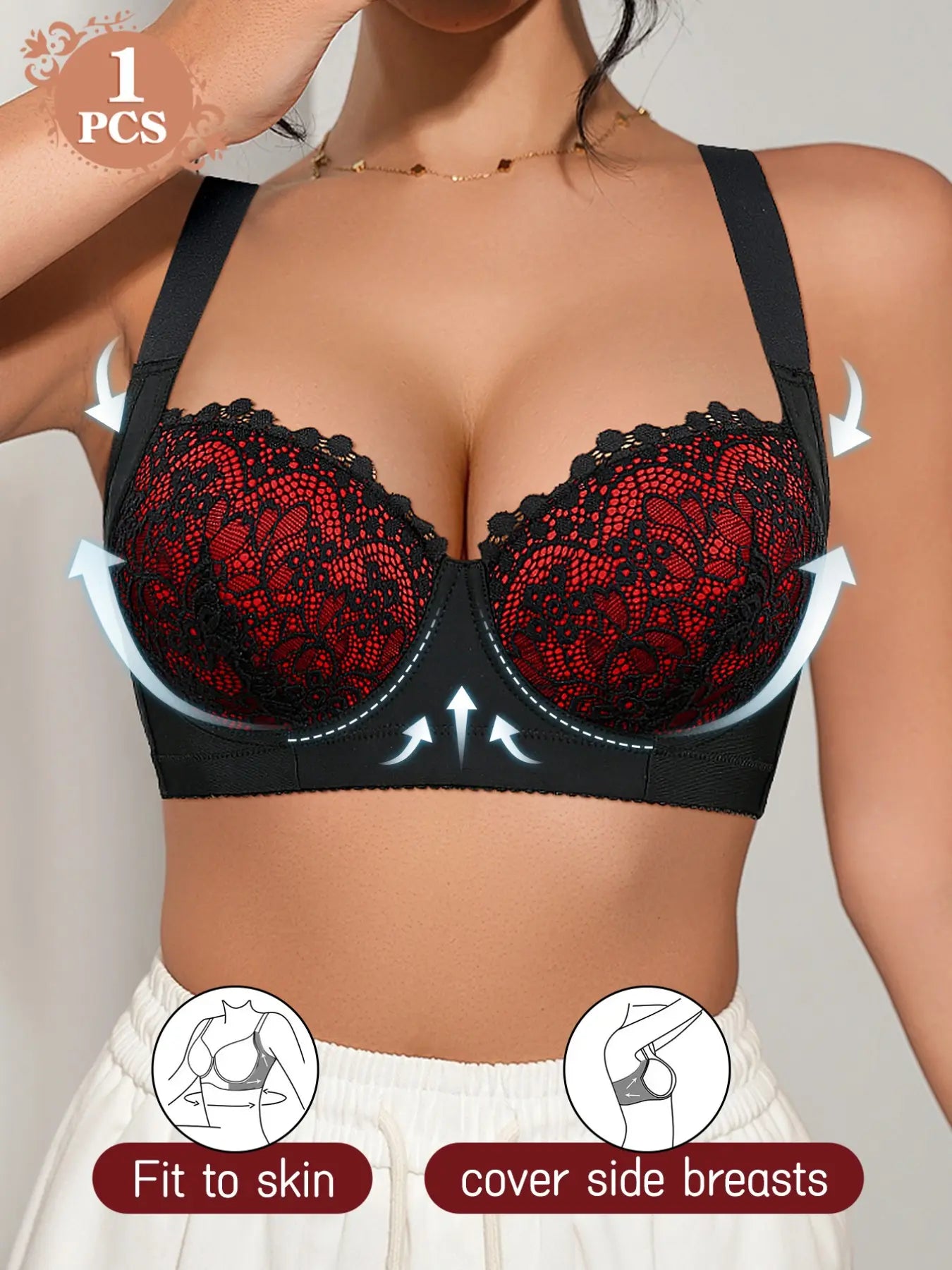 1/2/3 Pack Women's Solid Lace Push-Up Bra, Supportive Underwire & Wide Side Smoother, Adjustable Comfort Straps, Soft Breathable & Smooth Fabric, Multi-Color. - Color: Black Translucent Deep Red, Size: 70A