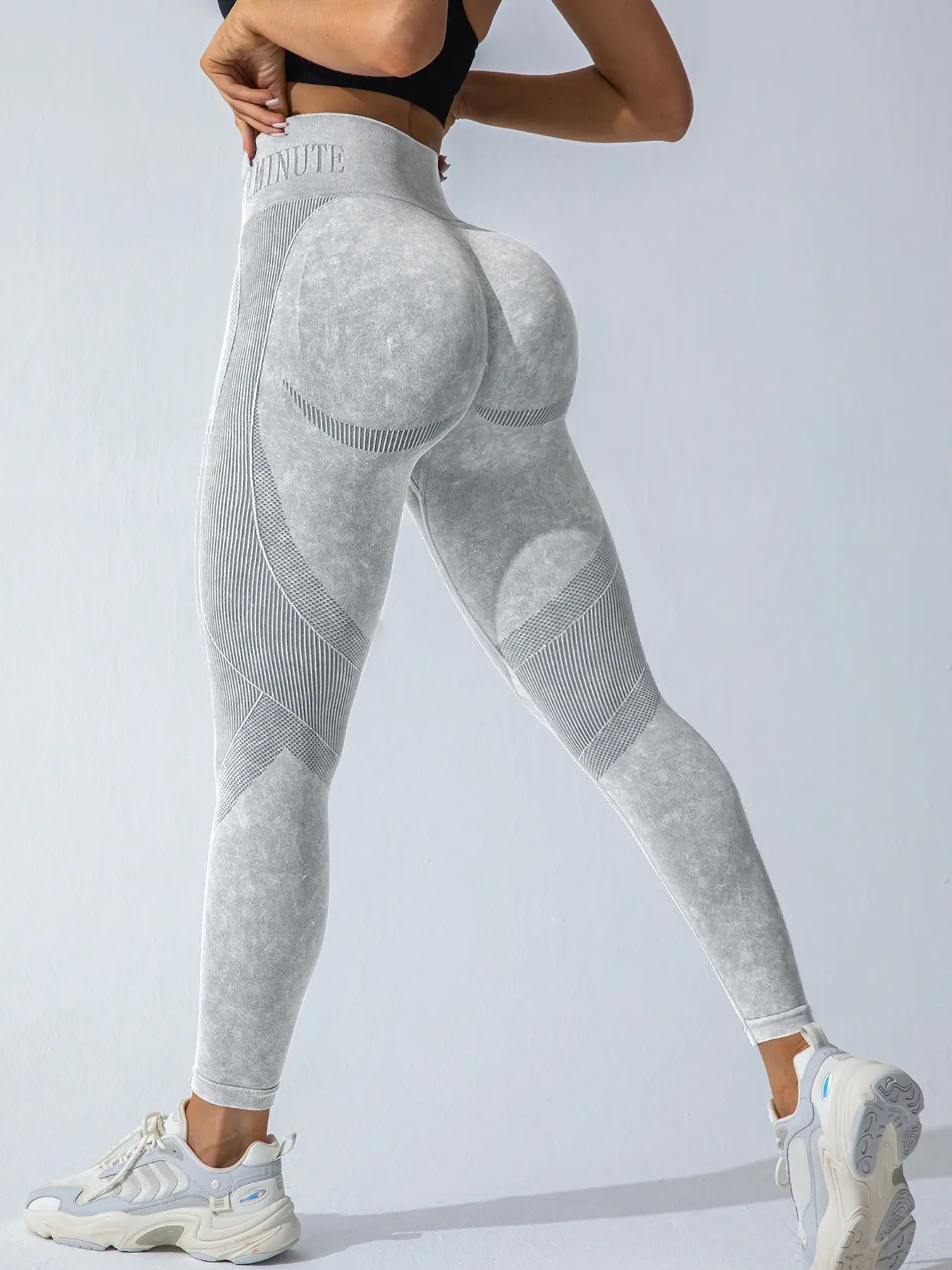 Women's Seamless Sporty High Waist Trousers, Tightening Belly Slimming Peach Butt Drawn Wrinkle, Three-Piece Set for All Seasons, Knitted Sports Pants Fitness Wear - Color: Sand-Washed Light Gray, Size: S