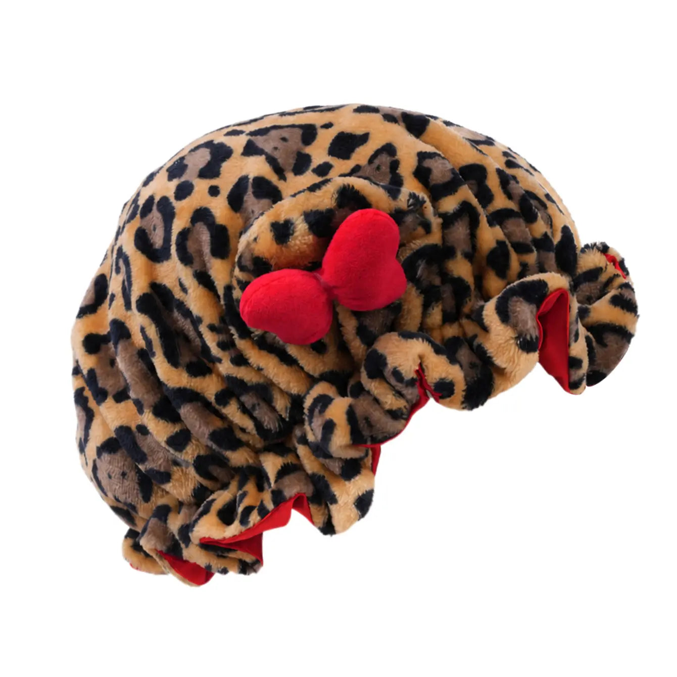 Cute leopard print plush sleep cap with bear ears and a bow; women’s sleep cap with ruffle detailing and satin lining; anti frizz hair protection night cap; soft, stretchy headwear suitable for curly haired users during sleep, everyday beauty routines, an