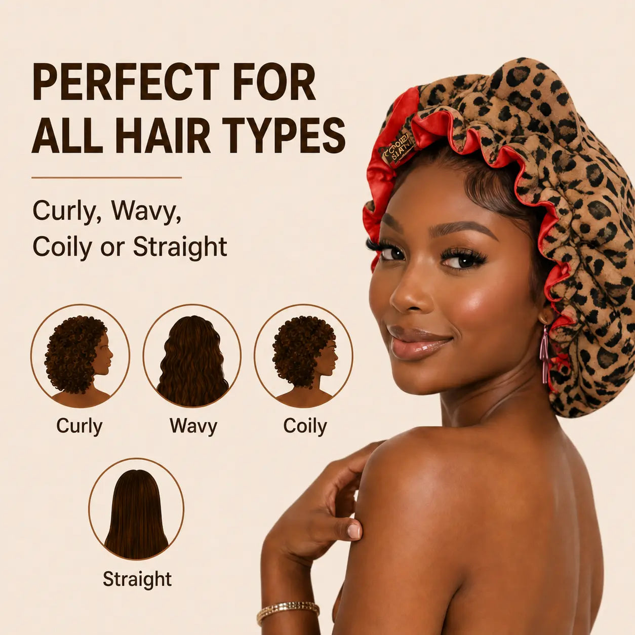 Cute leopard print plush sleep cap with bear ears and a bow; women’s sleep cap with ruffle detailing and satin lining; anti frizz hair protection night cap; soft, stretchy headwear suitable for curly haired users during sleep, everyday beauty routines, an