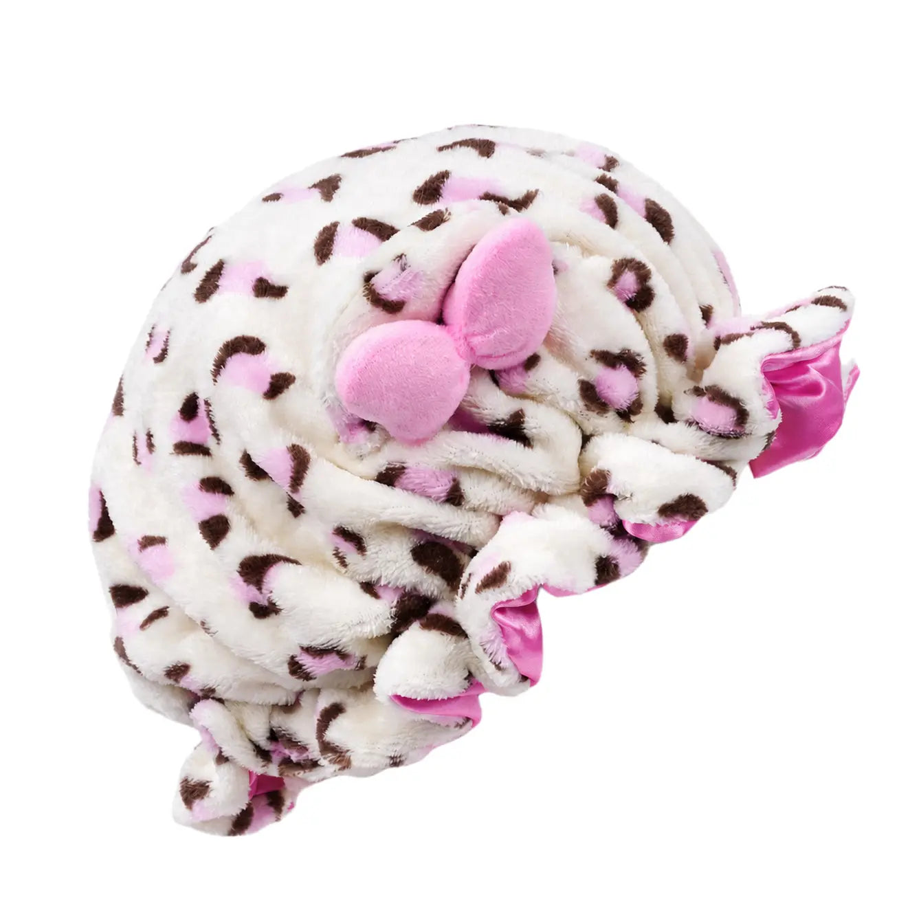 Cute leopard print plush sleep cap with bear ears and a bow; women’s sleep cap with ruffle detailing and satin lining; anti frizz hair protection night cap; soft, stretchy headwear suitable for curly haired users during sleep, everyday beauty routines, an - Color: White