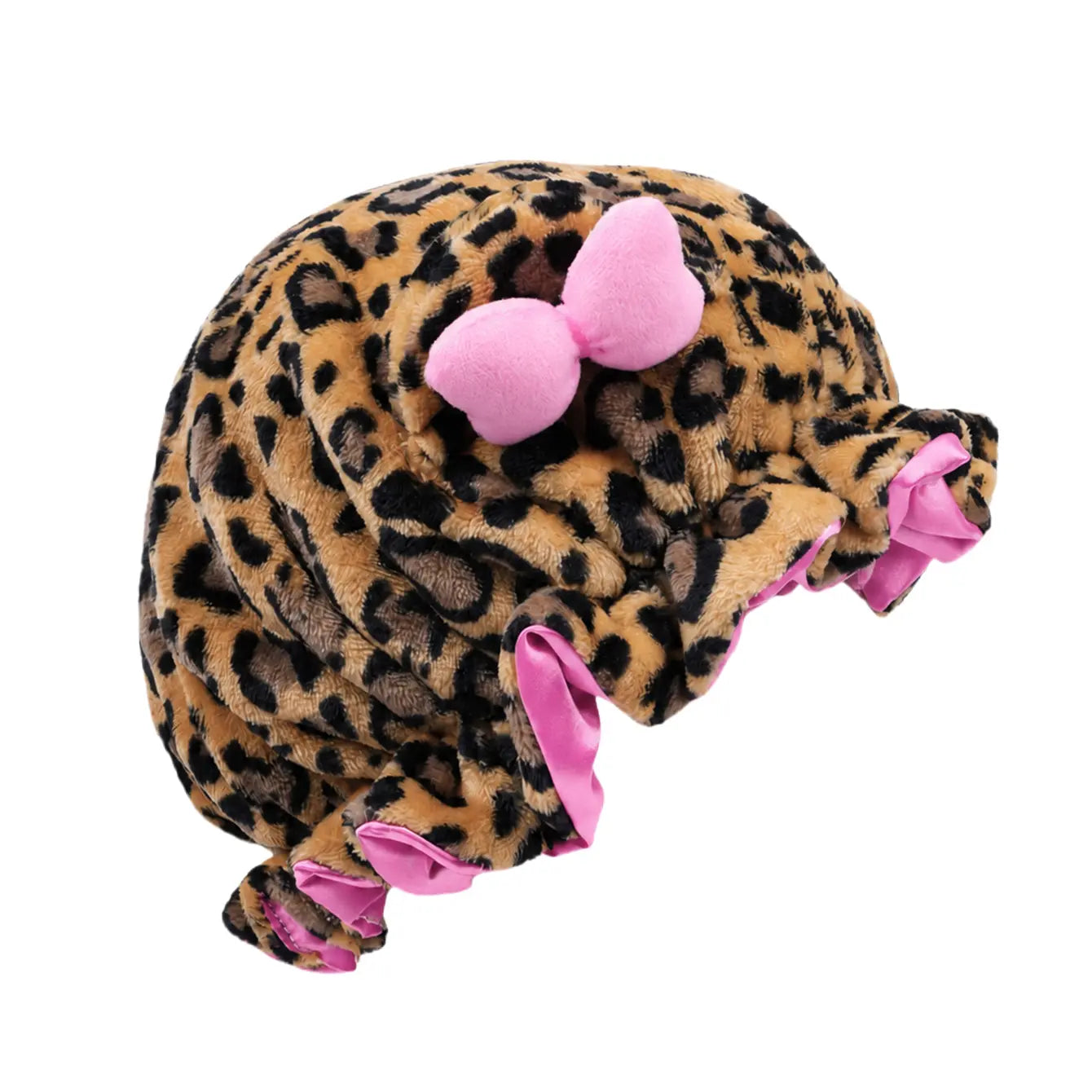 Cute leopard print plush sleep cap with bear ears and a bow; women’s sleep cap with ruffle detailing and satin lining; anti frizz hair protection night cap; soft, stretchy headwear suitable for curly haired users during sleep, everyday beauty routines, an
