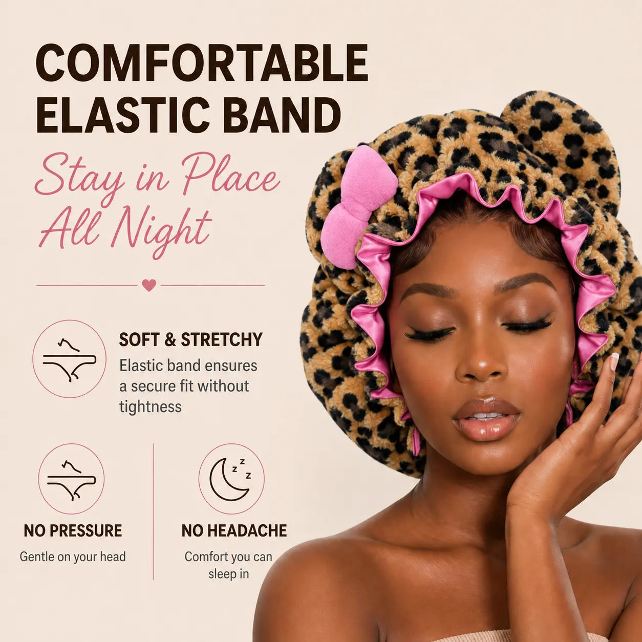 Cute leopard print plush sleep cap with bear ears and a bow; women’s sleep cap with ruffle detailing and satin lining; anti frizz hair protection night cap; soft, stretchy headwear suitable for curly haired users during sleep, everyday beauty routines, an
