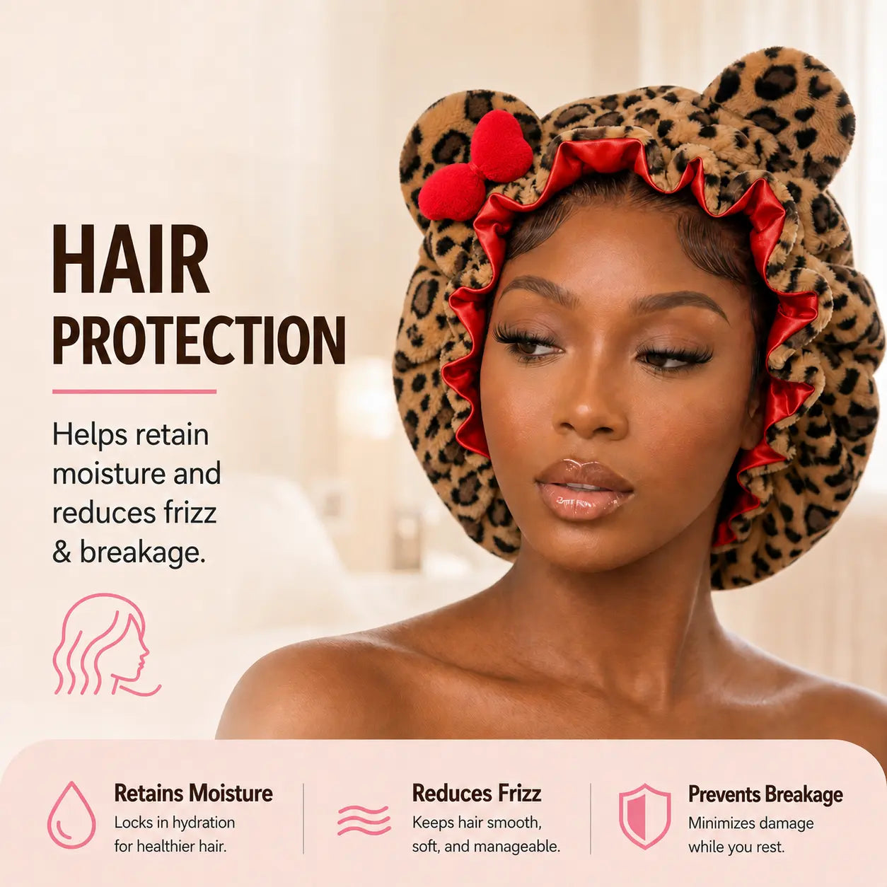 Cute leopard print plush sleep cap with bear ears and a bow; women’s sleep cap with ruffle detailing and satin lining; anti frizz hair protection night cap; soft, stretchy headwear suitable for curly haired users during sleep, everyday beauty routines, an