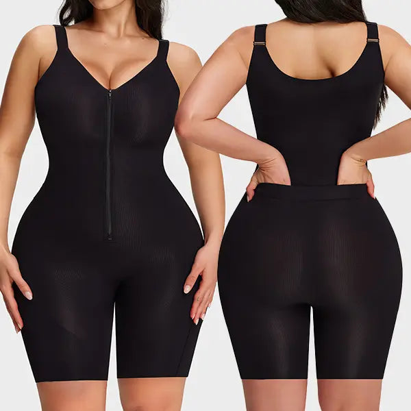 SHECURVE Easyslide Cooling Seamless Zip-Up Faja Shapewear Tummy Control Butt Lift Full Body Shaper with Breathable Mesh Adjustable Straps for Women - Color: Black+Black, Size: S