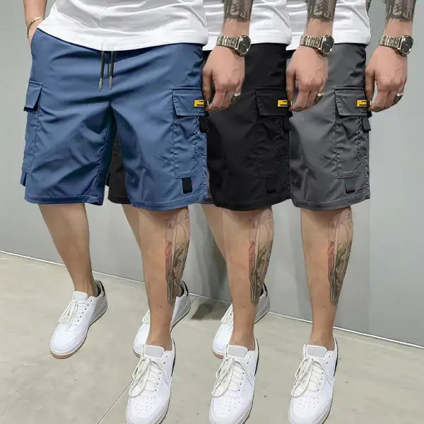 Street-style three-piece set! Men’s multi-pocket cargo shorts, above-the-knee length, comfortable and stylish—perfect for everyday casual wear and sporty outfits, non-stretch cargo shorts.