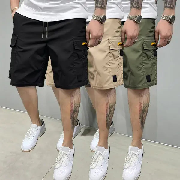 Street-style three-piece set! Men’s multi-pocket cargo shorts, above-the-knee length, comfortable and stylish—perfect for everyday casual wear and sporty outfits, non-stretch cargo shorts.