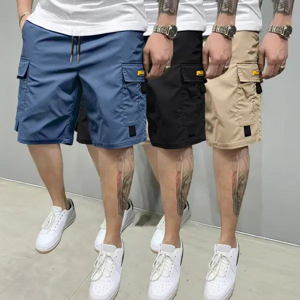 Street-style three-piece set! Men’s multi-pocket cargo shorts, above-the-knee length, comfortable and stylish—perfect for everyday casual wear and sporty outfits, non-stretch cargo shorts.