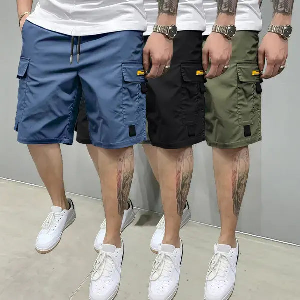 Street-style three-piece set! Men’s multi-pocket cargo shorts, above-the-knee length, comfortable and stylish—perfect for everyday casual wear and sporty outfits, non-stretch cargo shorts.