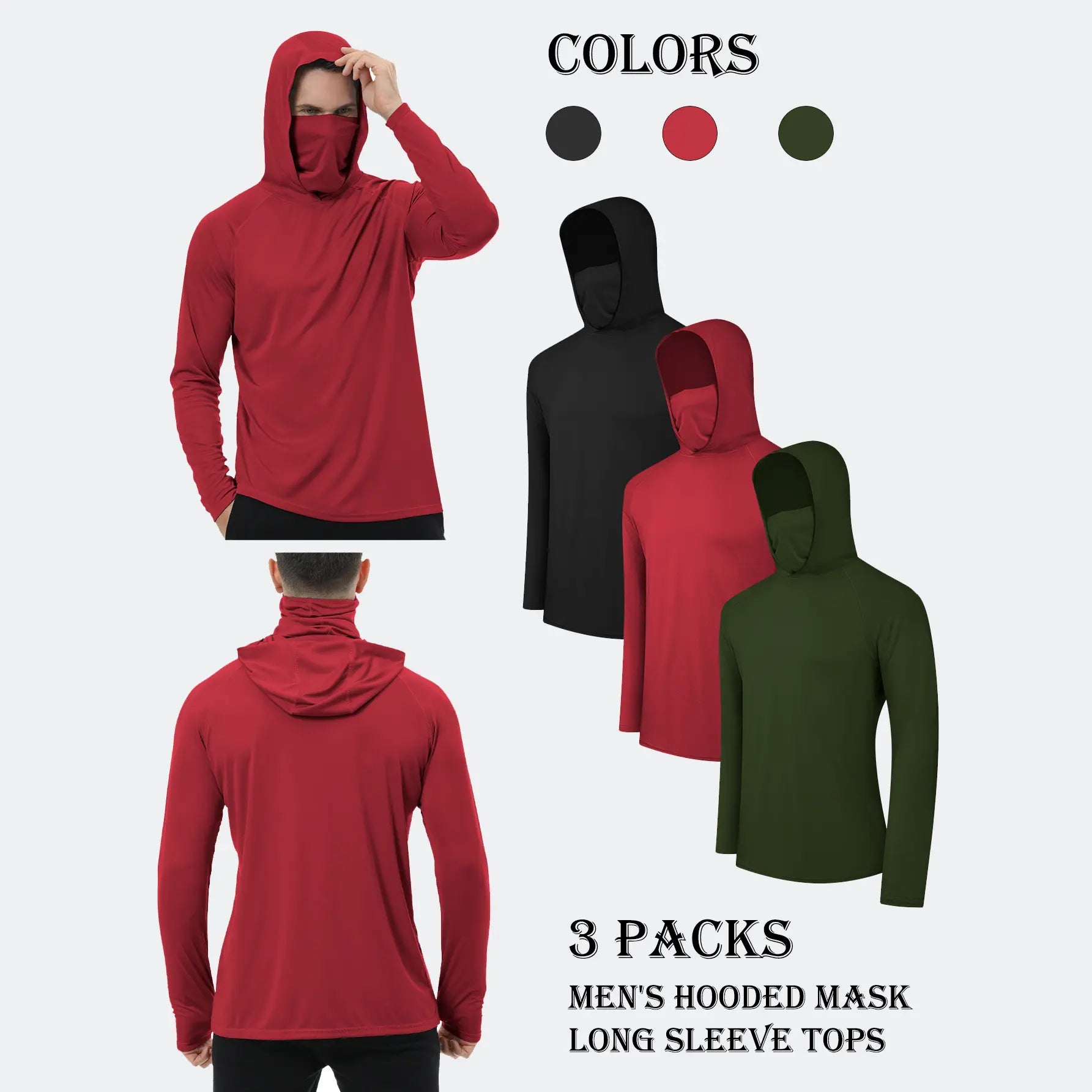 3/6 Pack Men's Casual Hoodie Pullovers Multicolored Long Sleeve Lightweight Sun Protection Soft Breathable Quick Drying Hoodies With Mask Comfort Multi-Occasion Wear Menswear Set Stylish Tops Workwear With Face Mask Summerwins fathers day gift ideas sum - Color: Black+Red+Green, Size: S