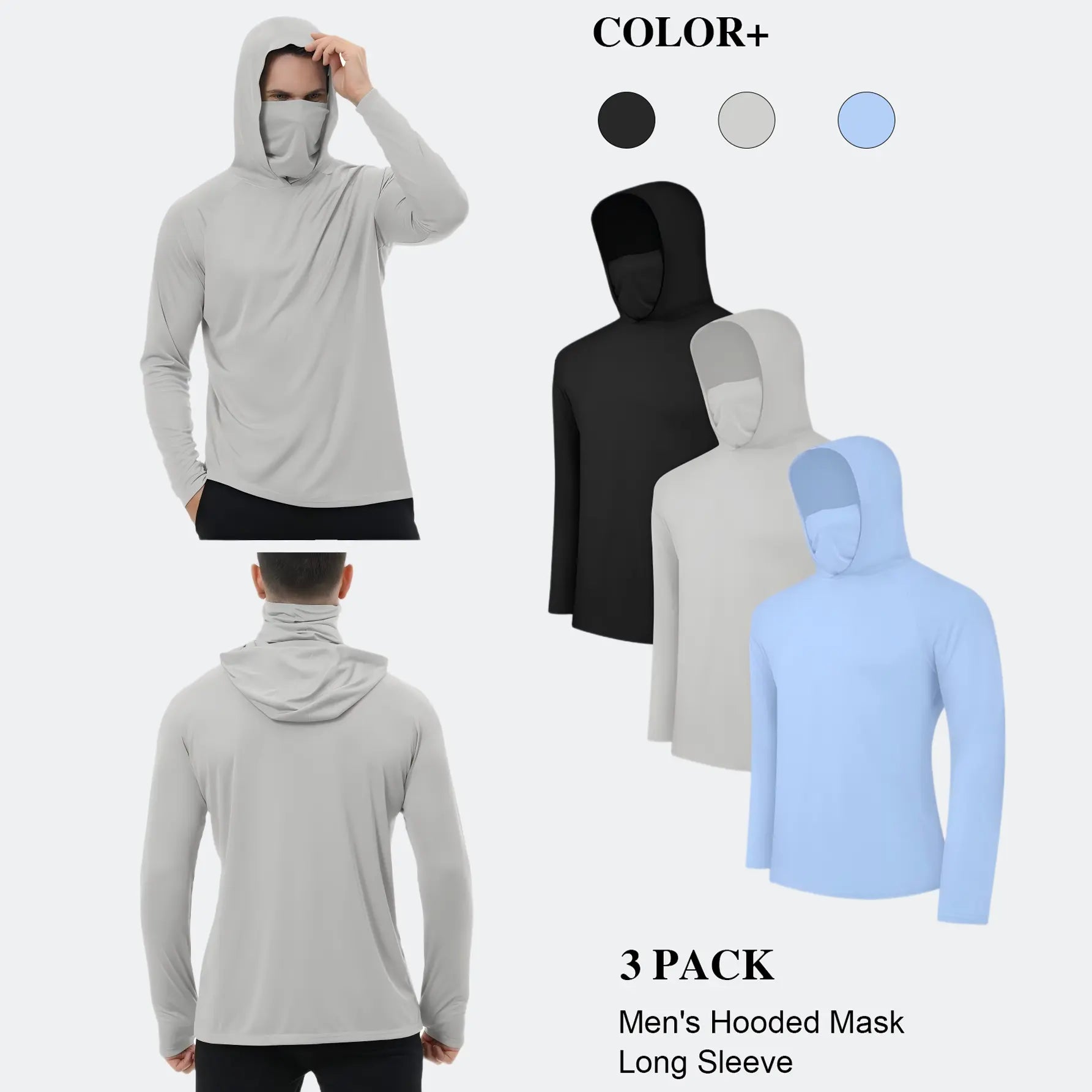 3/6 Pack Men's Casual Hoodie Pullovers Multicolored Long Sleeve Lightweight Sun Protection Soft Breathable Quick Drying Hoodies With Mask Comfort Multi-Occasion Wear Menswear Set Stylish Tops Workwear With Face Mask Summerwins fathers day gift ideas sum - Color: Black+Sky Blue+Gray, Size: S