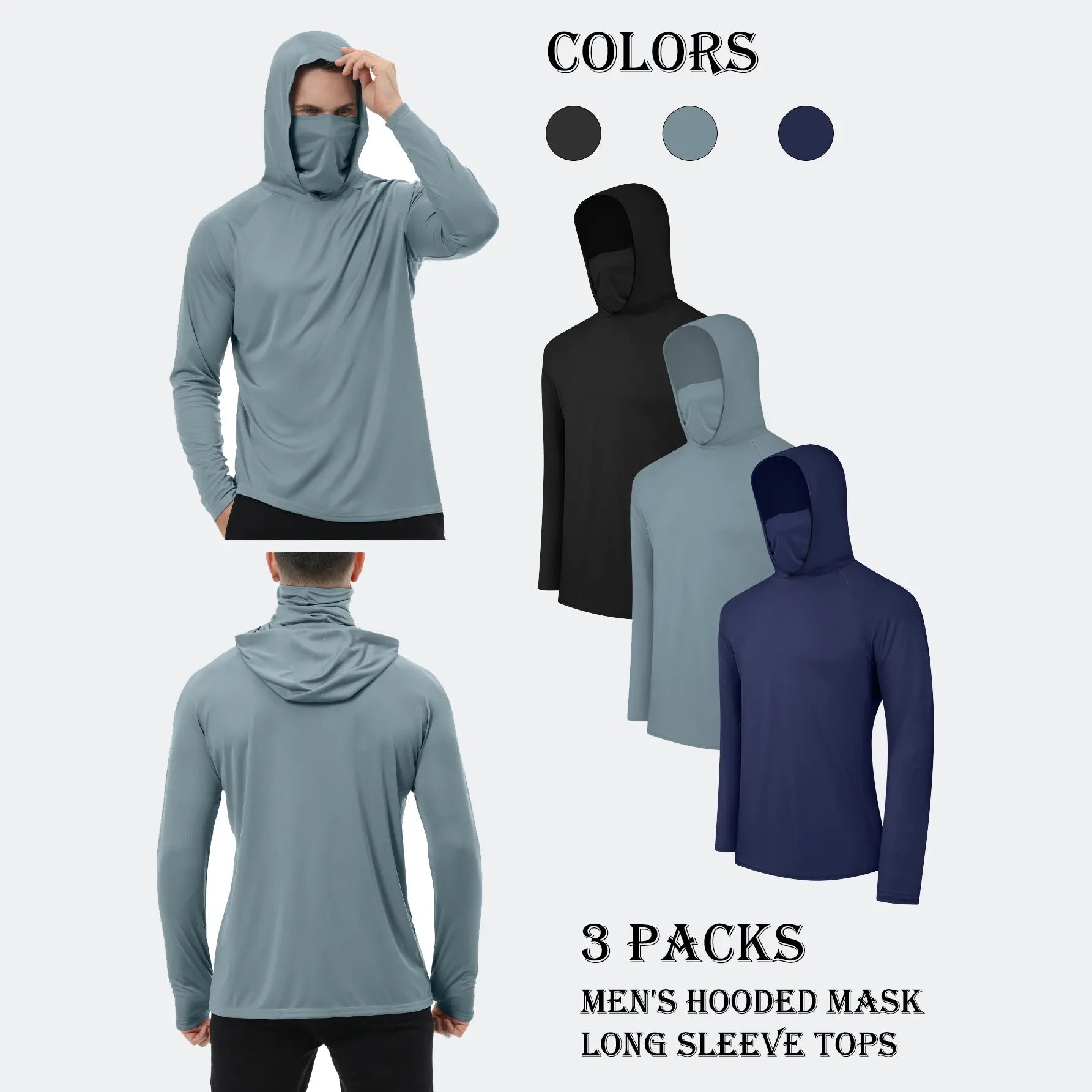 3/6 Pack Men's Casual Hoodie Pullovers Multicolored Long Sleeve Lightweight Sun Protection Soft Breathable Quick Drying Hoodies With Mask Comfort Multi-Occasion Wear Menswear Set Stylish Tops Workwear With Face Mask Summerwins fathers day gift ideas sum - Color: Black+Gray+Blue, Size: S