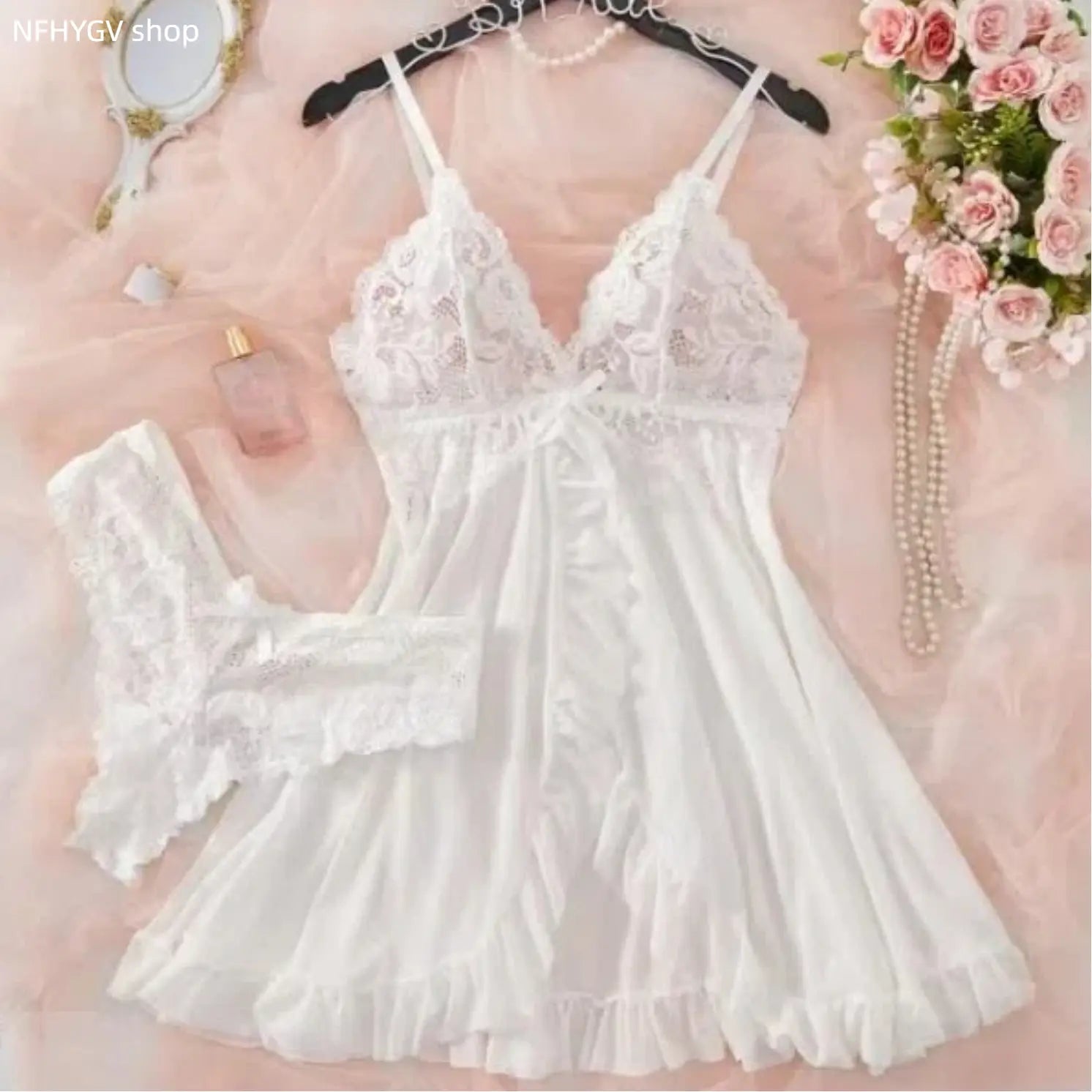 Ladies Multi-Size 2-Piece Cotton Intimate Set, Ruffled Spaghetti Strap Top Paired With Matching Bottoms, Delicate Bow Accents And Sheer Floral Lace Details, Light Romantic Garment Perfect For Romantic Private Nights And Special Intimate Occasion Outfits - Color: White, Size: S