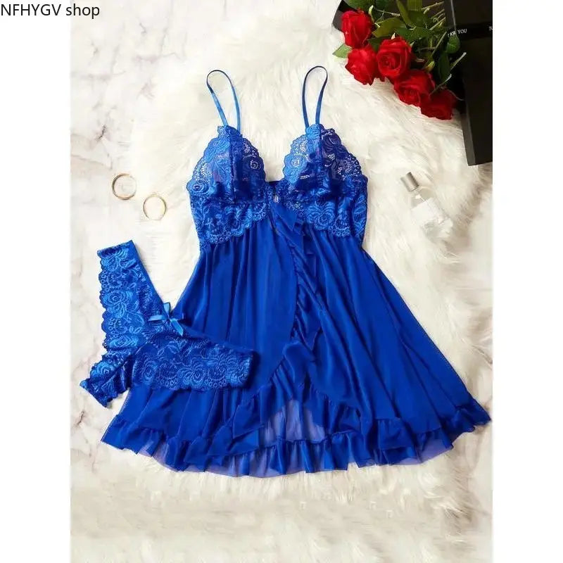 Ladies Multi-Size 2-Piece Cotton Intimate Set, Ruffled Spaghetti Strap Top Paired With Matching Bottoms, Delicate Bow Accents And Sheer Floral Lace Details, Light Romantic Garment Perfect For Romantic Private Nights And Special Intimate Occasion Outfits