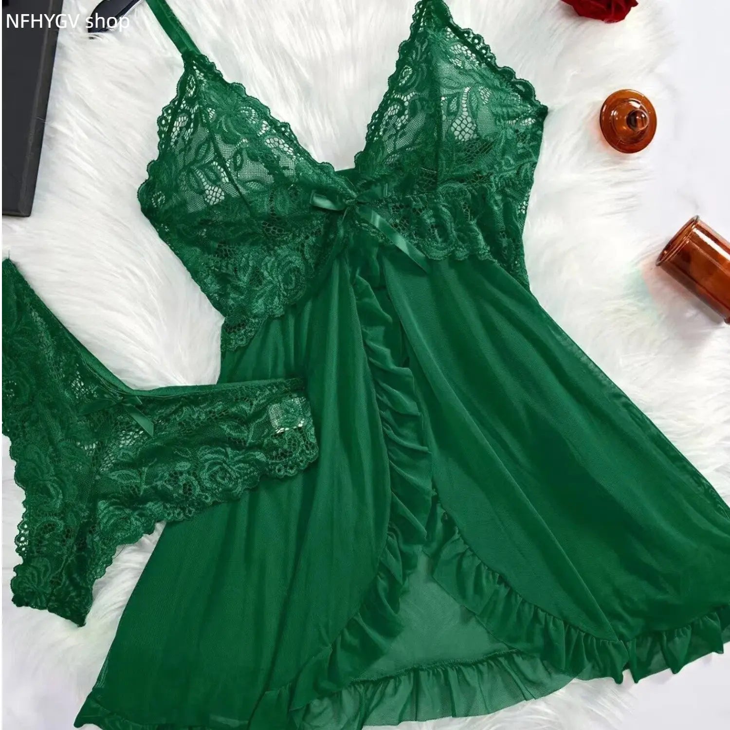 Ladies Multi-Size 2-Piece Cotton Intimate Set, Ruffled Spaghetti Strap Top Paired With Matching Bottoms, Delicate Bow Accents And Sheer Floral Lace Details, Light Romantic Garment Perfect For Romantic Private Nights And Special Intimate Occasion Outfits - Color: Dark green, Size: S