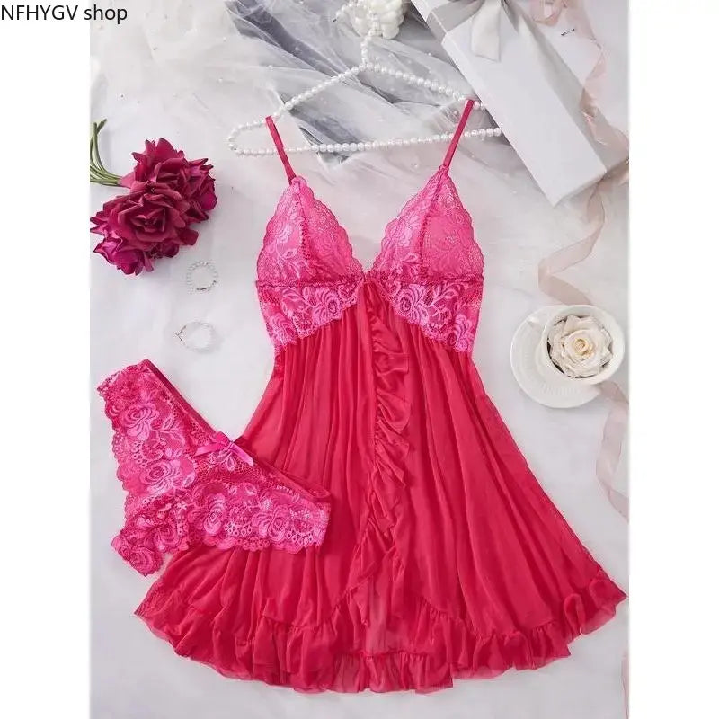 Ladies Multi-Size 2-Piece Cotton Intimate Set, Ruffled Spaghetti Strap Top Paired With Matching Bottoms, Delicate Bow Accents And Sheer Floral Lace Details, Light Romantic Garment Perfect For Romantic Private Nights And Special Intimate Occasion Outfits
