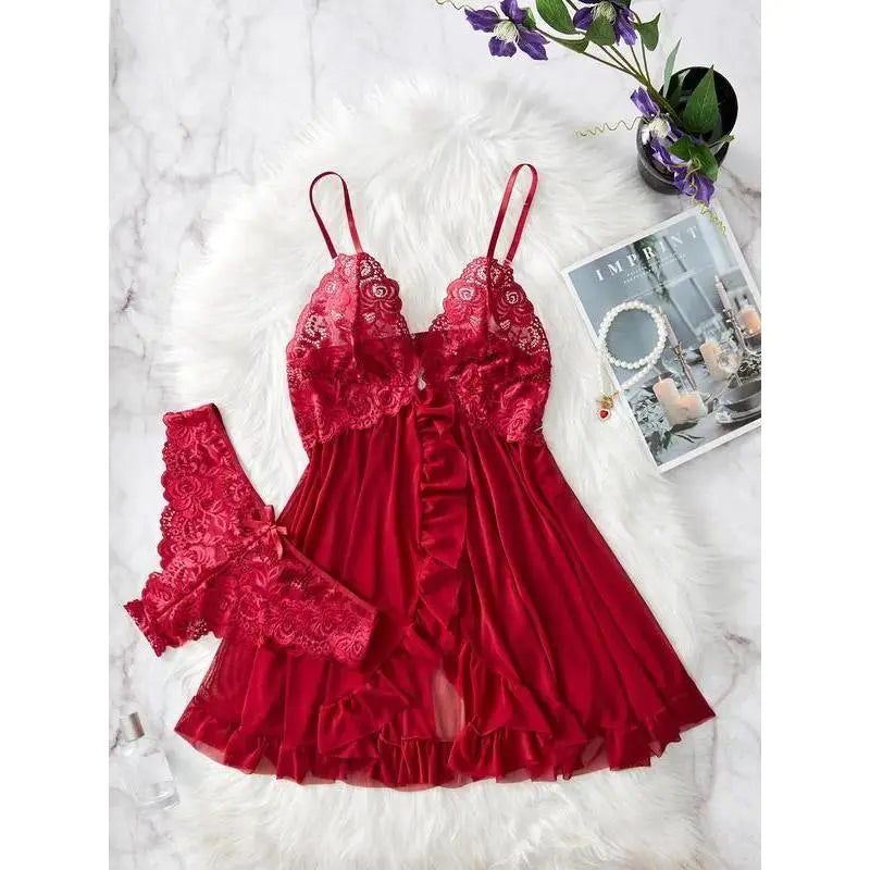 Ladies Multi-Size 2-Piece Cotton Intimate Set, Ruffled Spaghetti Strap Top Paired With Matching Bottoms, Delicate Bow Accents And Sheer Floral Lace Details, Light Romantic Garment Perfect For Romantic Private Nights And Special Intimate Occasion Outfits - Color: Burgundy, Size: S