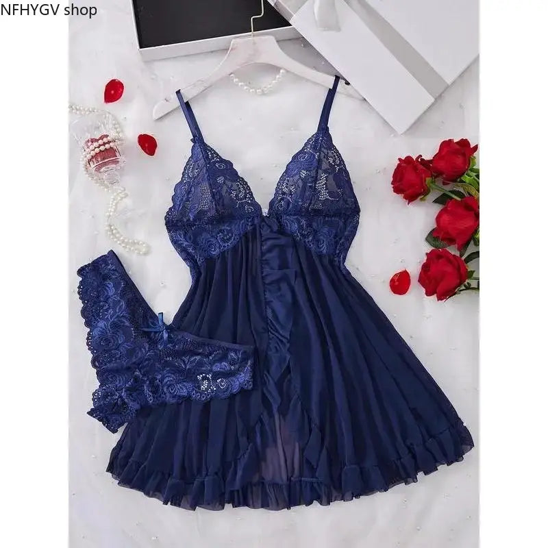 Ladies Multi-Size 2-Piece Cotton Intimate Set, Ruffled Spaghetti Strap Top Paired With Matching Bottoms, Delicate Bow Accents And Sheer Floral Lace Details, Light Romantic Garment Perfect For Romantic Private Nights And Special Intimate Occasion Outfits