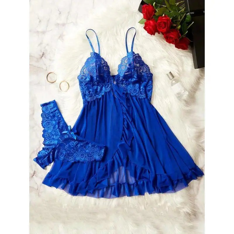 Ladies Multi-Size 2-Piece Cotton Intimate Set, Ruffled Spaghetti Strap Top Paired With Matching Bottoms, Delicate Bow Accents And Sheer Floral Lace Details, Light Romantic Garment Perfect For Romantic Private Nights And Special Intimate Occasion Outfits - Color: Royal Blue, Size: S