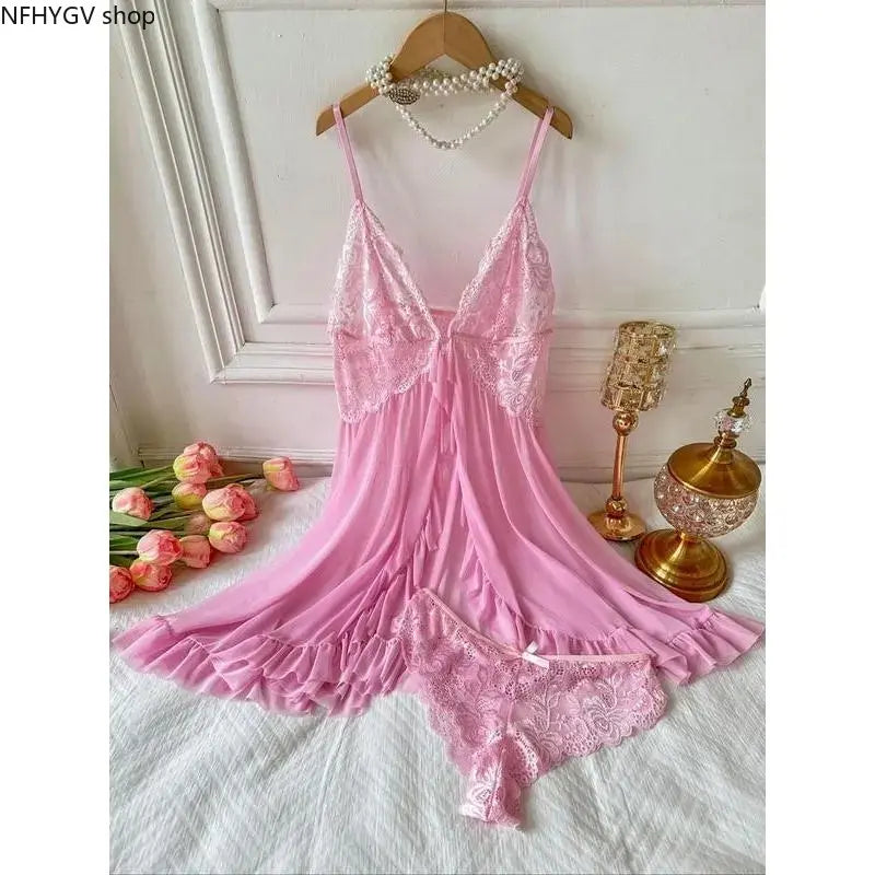 Ladies Multi-Size 2-Piece Cotton Intimate Set, Ruffled Spaghetti Strap Top Paired With Matching Bottoms, Delicate Bow Accents And Sheer Floral Lace Details, Light Romantic Garment Perfect For Romantic Private Nights And Special Intimate Occasion Outfits