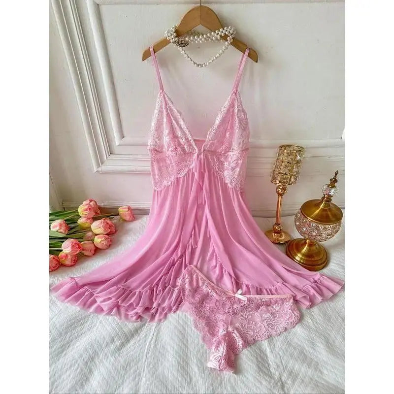 Ladies Multi-Size 2-Piece Cotton Intimate Set, Ruffled Spaghetti Strap Top Paired With Matching Bottoms, Delicate Bow Accents And Sheer Floral Lace Details, Light Romantic Garment Perfect For Romantic Private Nights And Special Intimate Occasion Outfits - Color: pink, Size: S