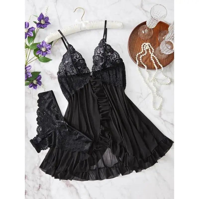 Ladies Multi-Size 2-Piece Cotton Intimate Set, Ruffled Spaghetti Strap Top Paired With Matching Bottoms, Delicate Bow Accents And Sheer Floral Lace Details, Light Romantic Garment Perfect For Romantic Private Nights And Special Intimate Occasion Outfits - Color: black, Size: S