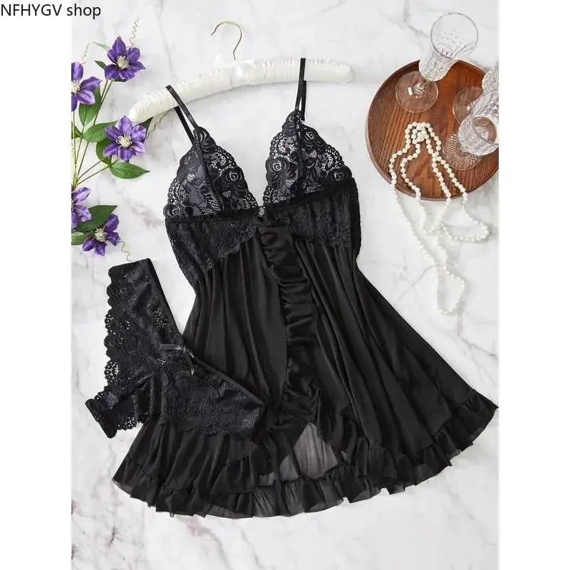 Ladies Multi-Size 2-Piece Cotton Intimate Set, Ruffled Spaghetti Strap Top Paired With Matching Bottoms, Delicate Bow Accents And Sheer Floral Lace Details, Light Romantic Garment Perfect For Romantic Private Nights And Special Intimate Occasion Outfits