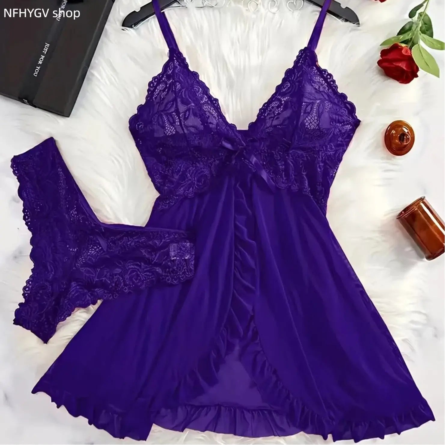 Ladies Multi-Size 2-Piece Cotton Intimate Set, Ruffled Spaghetti Strap Top Paired With Matching Bottoms, Delicate Bow Accents And Sheer Floral Lace Details, Light Romantic Garment Perfect For Romantic Private Nights And Special Intimate Occasion Outfits - Color: Purple, Size: S