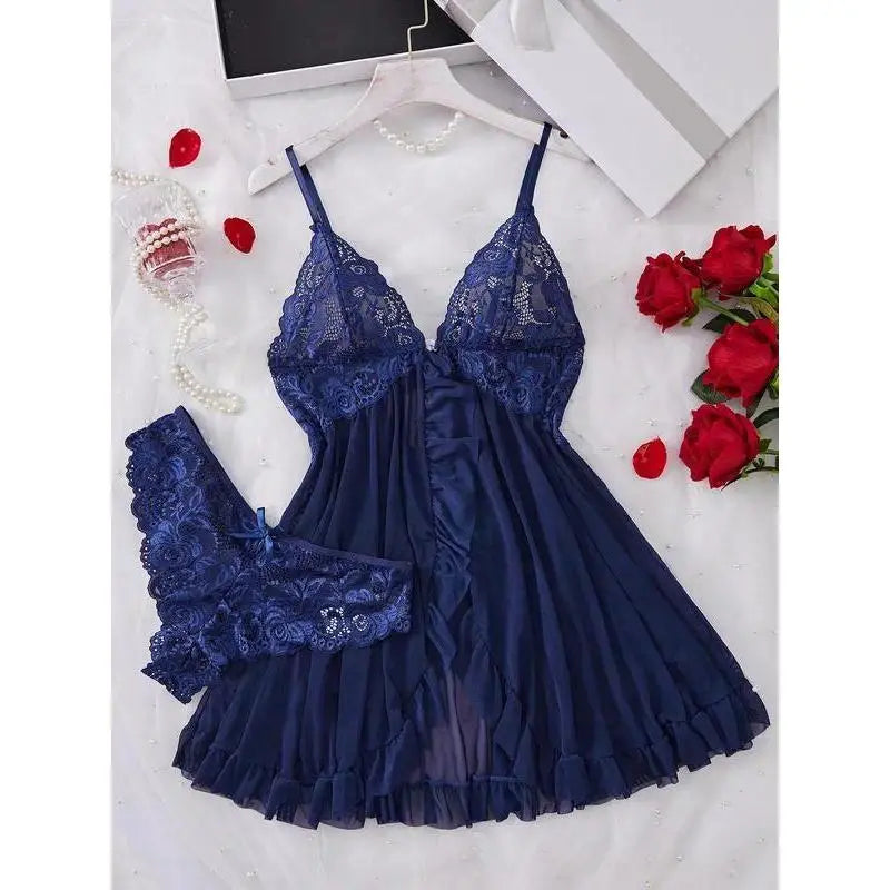 Ladies Multi-Size 2-Piece Cotton Intimate Set, Ruffled Spaghetti Strap Top Paired With Matching Bottoms, Delicate Bow Accents And Sheer Floral Lace Details, Light Romantic Garment Perfect For Romantic Private Nights And Special Intimate Occasion Outfits - Color: navy blue, Size: S