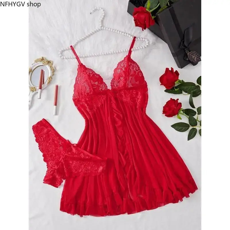 Ladies Multi-Size 2-Piece Cotton Intimate Set, Ruffled Spaghetti Strap Top Paired With Matching Bottoms, Delicate Bow Accents And Sheer Floral Lace Details, Light Romantic Garment Perfect For Romantic Private Nights And Special Intimate Occasion Outfits