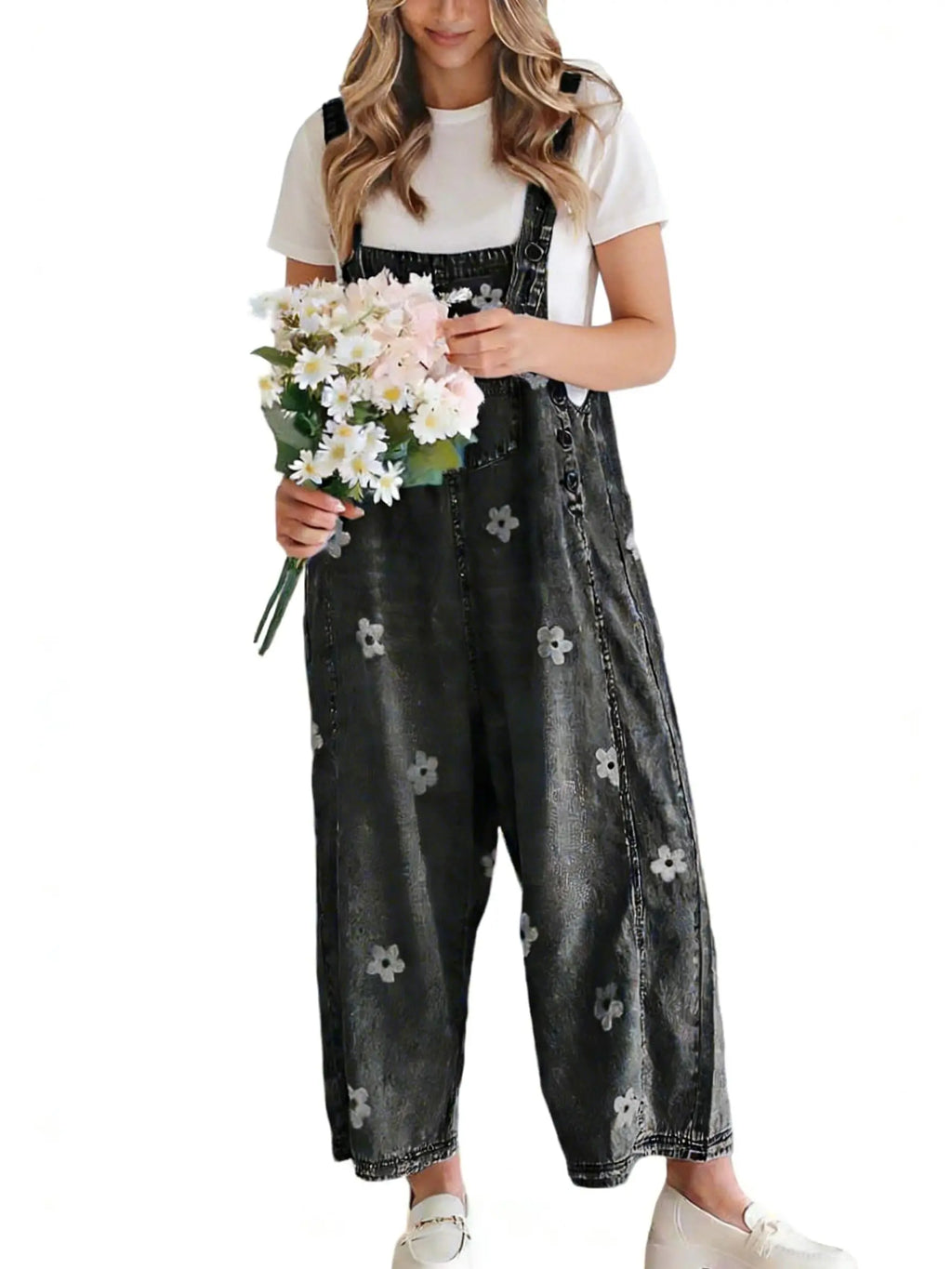 utcoco Women's Bib Overalls, Cute Floral Print Denim Jumpsuit with Baggy Wide Leg and Adjustable Straps, Fashion Apparel Chic Pants,back to school shopping, Flower, Women's Clothes