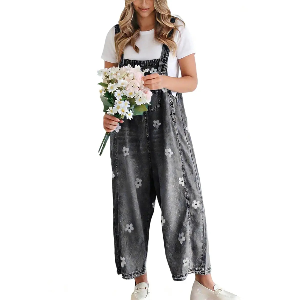 utcoco Women's Bib Overalls, Cute Floral Print Denim Jumpsuit with Baggy Wide Leg and Adjustable Straps, Fashion Apparel Chic Pants,back to school shopping, Flower, Women's Clothes - Color: Grey, Size: XS (0-2) 
