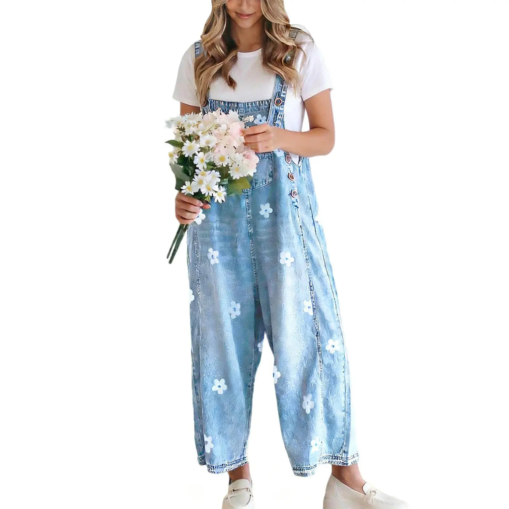 utcoco Women's Bib Overalls, Cute Floral Print Denim Jumpsuit with Baggy Wide Leg and Adjustable Straps, Fashion Apparel Chic Pants,back to school shopping, Flower, Women's Clothes