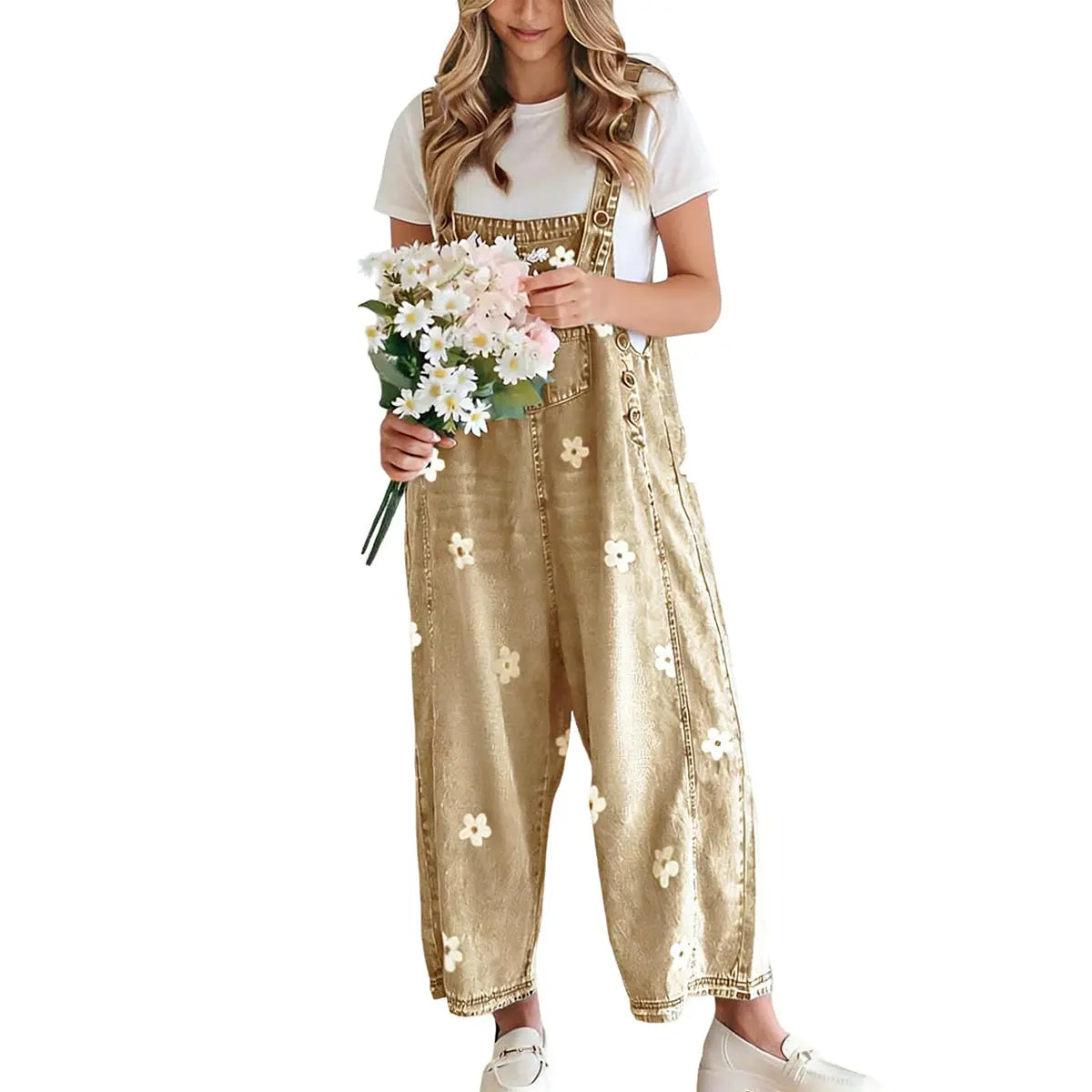 utcoco Women's Bib Overalls, Cute Floral Print Denim Jumpsuit with Baggy Wide Leg and Adjustable Straps, Fashion Apparel Chic Pants,back to school shopping, Flower, Women's Clothes - Color: Khaki, Size: XS (0-2) 