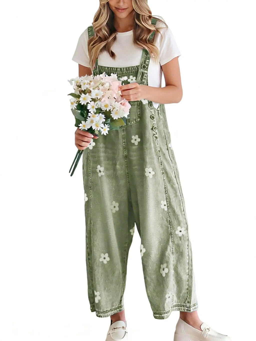 utcoco Women's Bib Overalls, Cute Floral Print Denim Jumpsuit with Baggy Wide Leg and Adjustable Straps, Fashion Apparel Chic Pants,back to school shopping, Flower, Women's Clothes