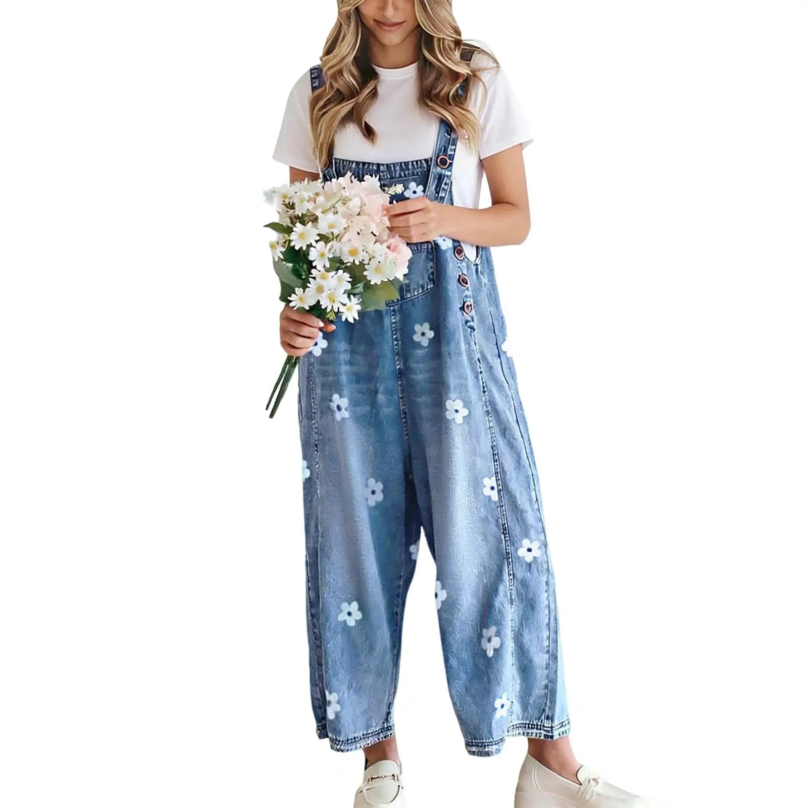 utcoco Women's Bib Overalls, Cute Floral Print Denim Jumpsuit with Baggy Wide Leg and Adjustable Straps, Fashion Apparel Chic Pants,back to school shopping, Flower, Women's Clothes - Color: Blue, Size: XS (0-2) 