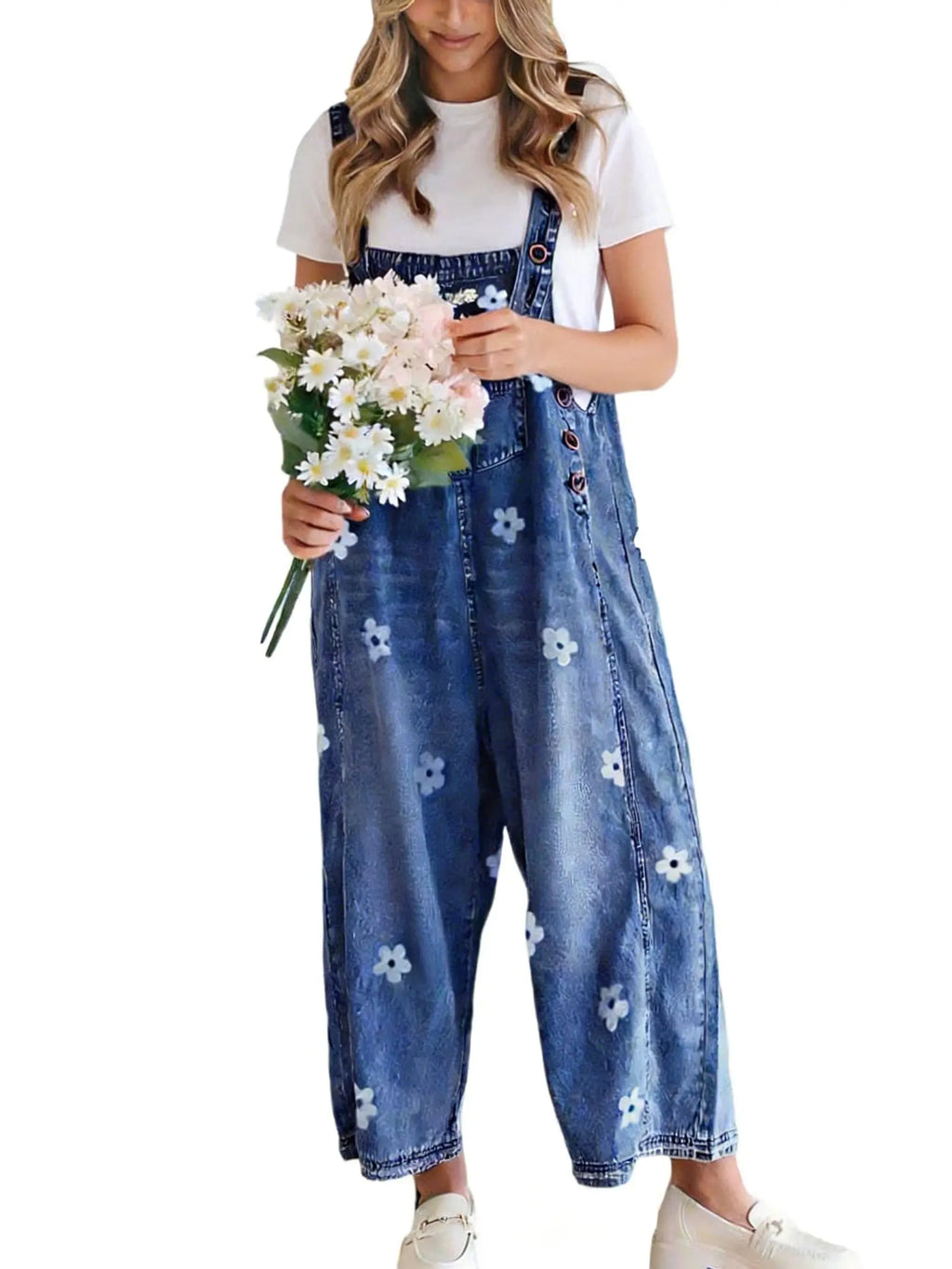 utcoco Women's Bib Overalls, Cute Floral Print Denim Jumpsuit with Baggy Wide Leg and Adjustable Straps, Fashion Apparel Chic Pants,back to school shopping, Flower, Women's Clothes