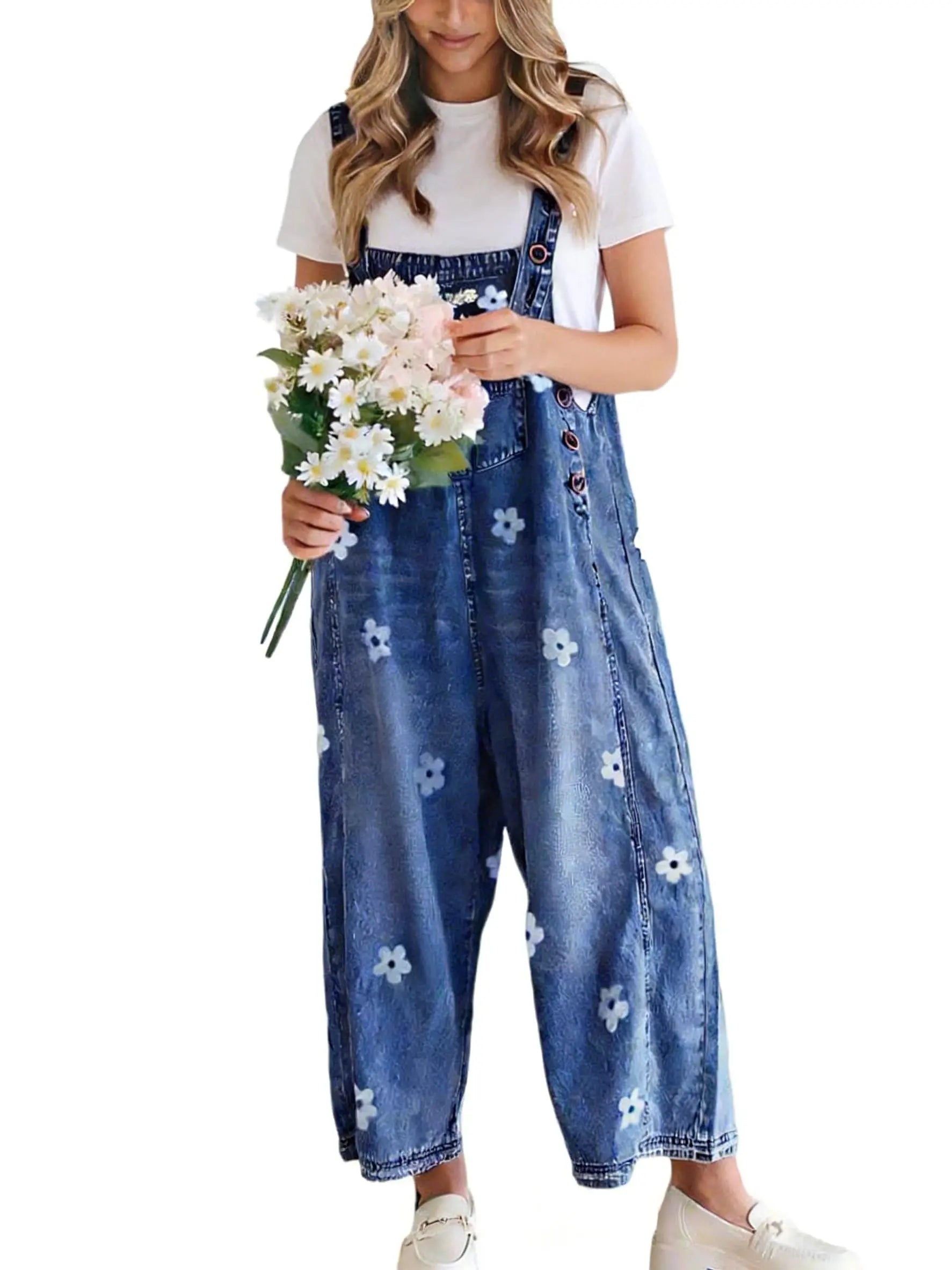 utcoco Women's Bib Overalls, Cute Floral Print Denim Jumpsuit with Baggy Wide Leg and Adjustable Straps, Fashion Apparel Chic Pants,back to school shopping, Flower, Women's Clothes