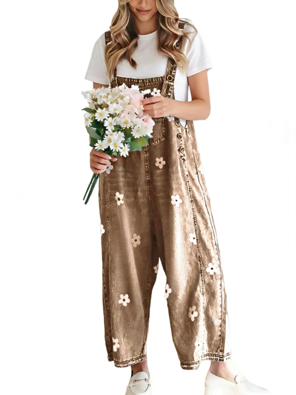 utcoco Women's Bib Overalls, Cute Floral Print Denim Jumpsuit with Baggy Wide Leg and Adjustable Straps, Fashion Apparel Chic Pants,back to school shopping, Flower, Women's Clothes