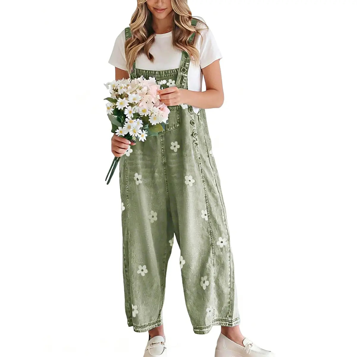 utcoco Women's Bib Overalls, Cute Floral Print Denim Jumpsuit with Baggy Wide Leg and Adjustable Straps, Fashion Apparel Chic Pants,back to school shopping, Flower, Women's Clothes