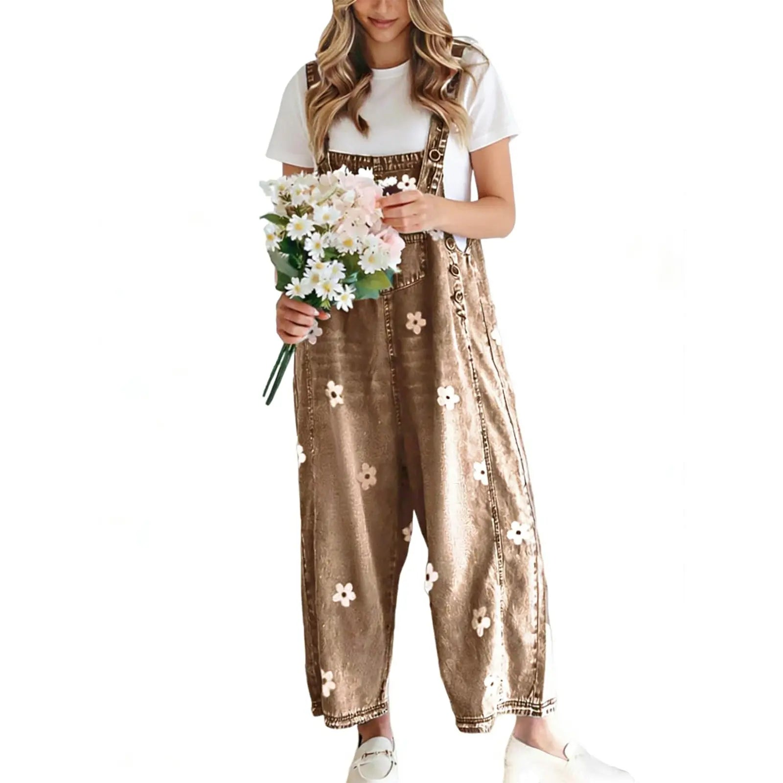 utcoco Women's Bib Overalls, Cute Floral Print Denim Jumpsuit with Baggy Wide Leg and Adjustable Straps, Fashion Apparel Chic Pants,back to school shopping, Flower, Women's Clothes - Color: Brown, Size: XS (0-2) 