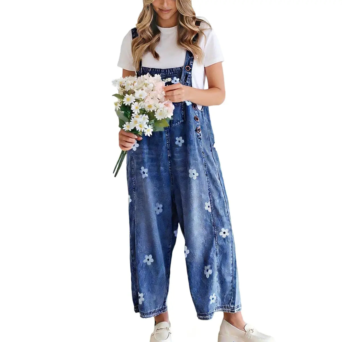utcoco Women's Bib Overalls, Cute Floral Print Denim Jumpsuit with Baggy Wide Leg and Adjustable Straps, Fashion Apparel Chic Pants,back to school shopping, Flower, Women's Clothes - Color: Dark Blue, Size: XS (0-2) 