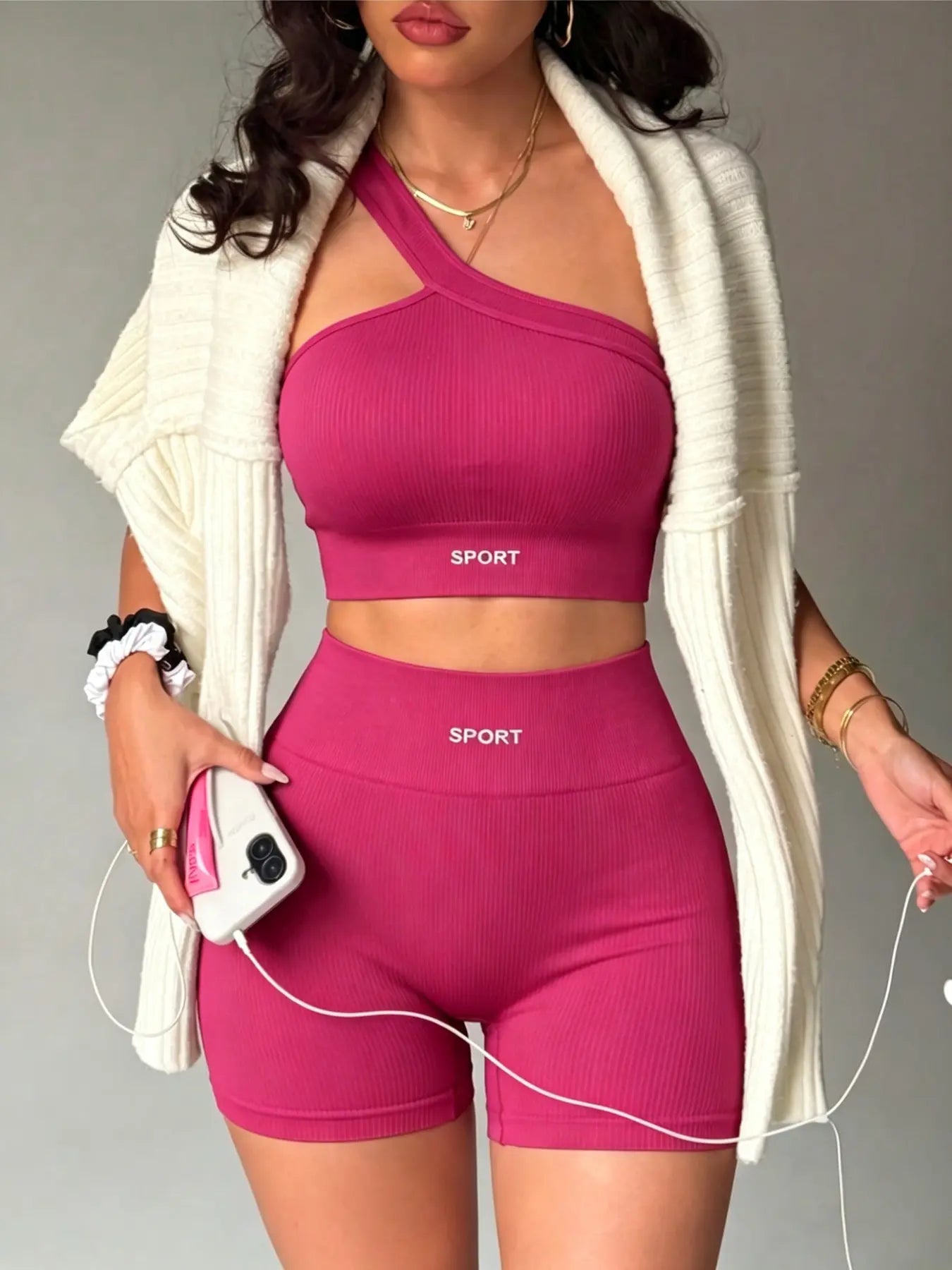 Women's Yoga Set, Tight-Fit Sports Bra and Shorts, Sleeveless High-Waist Tank Top, Multi-Color, Shockproof, All Seasons - Color: Hot Pink, Size: S