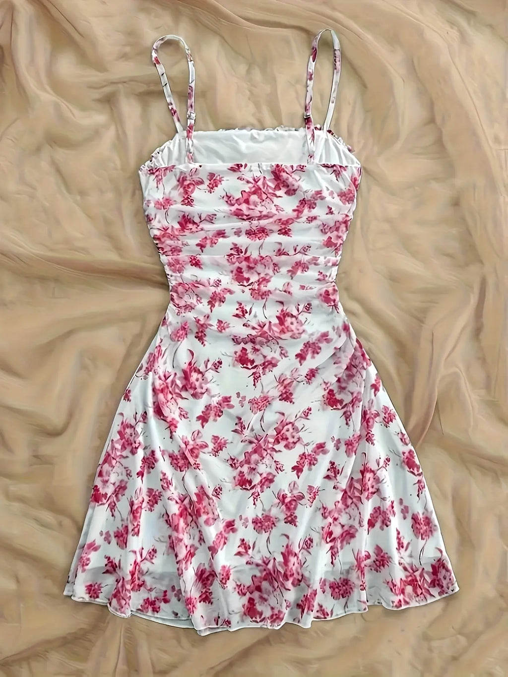 French Vintage Floral Print Halter Sleeveless Dress, Drawstring Waist Slimming, A-Line Short Dress, Summer Vacation Style, Bohemian Summer Dress, Casual Wear, Sexy Feminine Girl Dress, Adjustable, Women