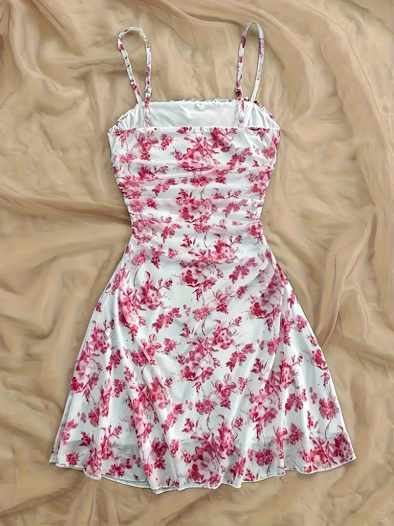French Vintage Floral Print Halter Sleeveless Dress, Drawstring Waist Slimming, A-Line Short Dress, Summer Vacation Style, Bohemian Summer Dress, Casual Wear, Sexy Feminine Girl Dress, Adjustable, Women