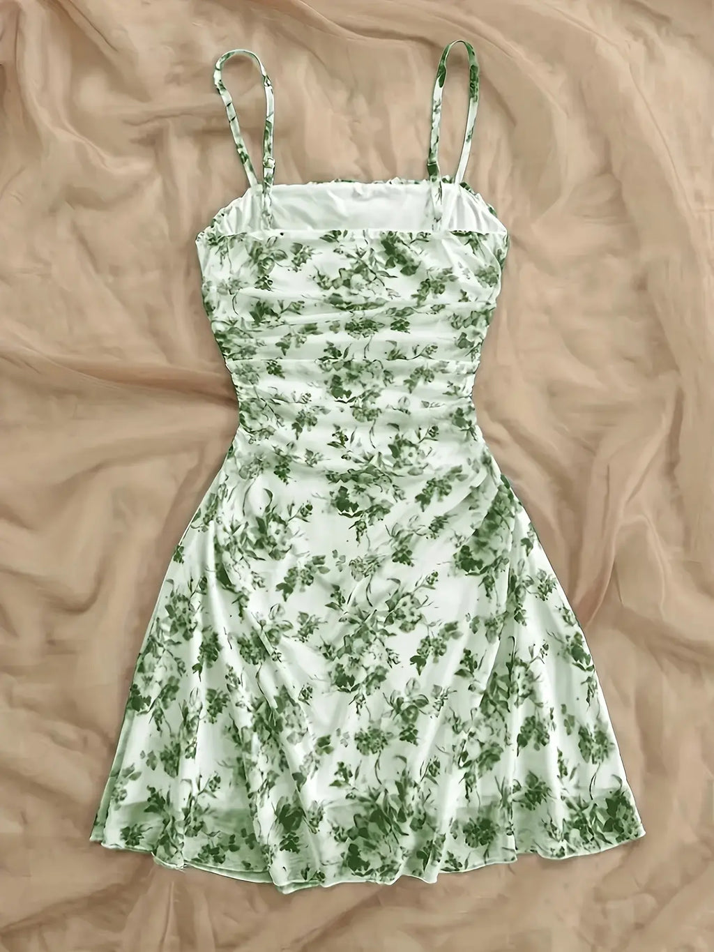 French Vintage Floral Print Halter Sleeveless Dress, Drawstring Waist Slimming, A-Line Short Dress, Summer Vacation Style, Bohemian Summer Dress, Casual Wear, Sexy Feminine Girl Dress, Adjustable, Women