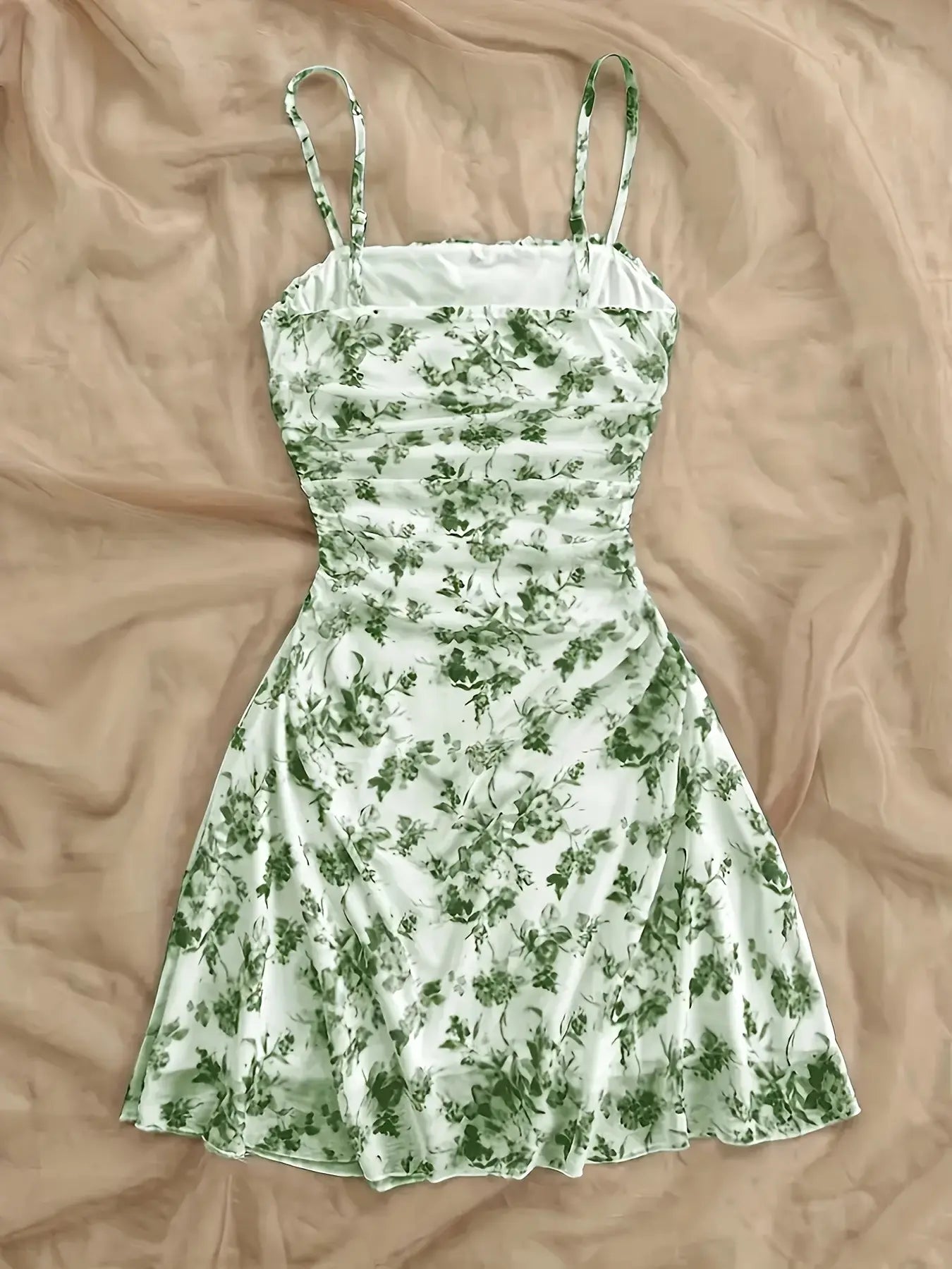 French Vintage Floral Print Halter Sleeveless Dress, Drawstring Waist Slimming, A-Line Short Dress, Summer Vacation Style, Bohemian Summer Dress, Casual Wear, Sexy Feminine Girl Dress, Adjustable, Women